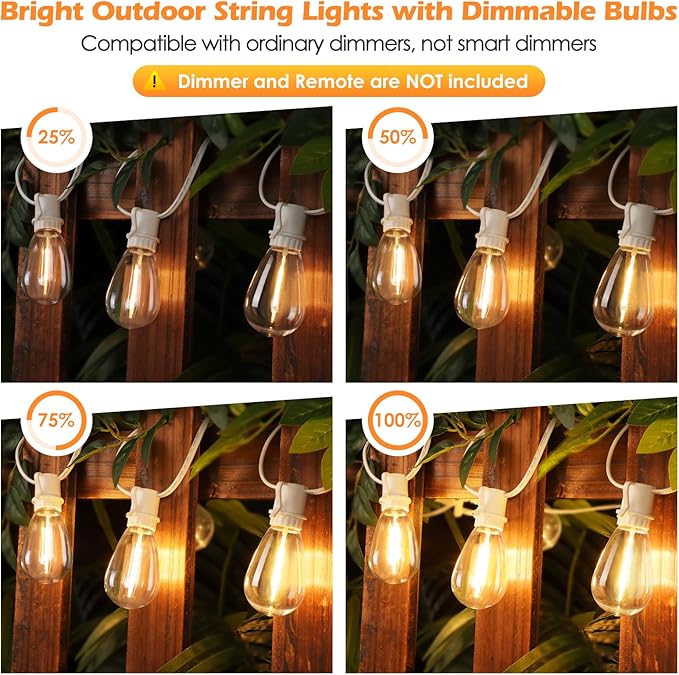 Larkvue 192FT(2x96FT) LED Outdoor String Lights, Linkable Patio Light with 60+3 2700K Waterproof Dimmable Hanging Bulbs for Pergola Cafe Wedding-White
