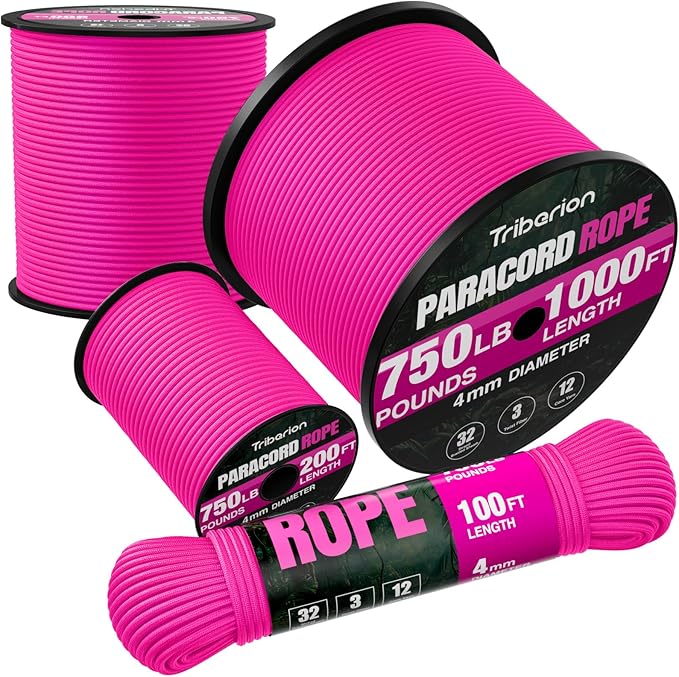 Paracord Rope 750 lb - 200ft 5/32" Parachute Cord 4MM 12-Strand para Cord - Heavy Duty Spool String for Survival,Camping Gear, Survival Bracelet, Clothesline - Rose Pink