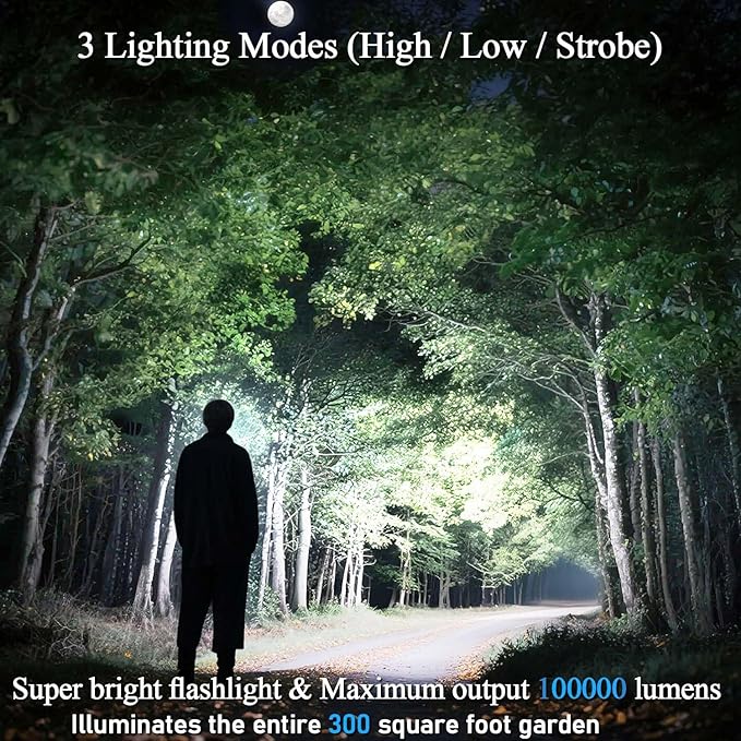 Flashlights High Lumens Rechargeable 5000mAh with LCD Power Display, Super Bright 100000 Lumen Flashlight, IPX7 Waterproof, 3 Modes & Zoomable (1500m), Belt Clip for Camping, Hiking, Emergency