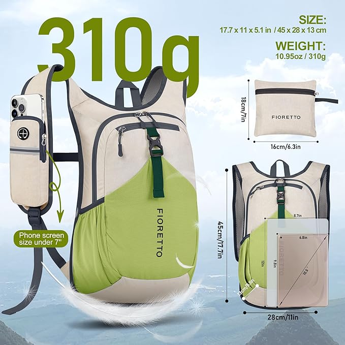 FIORETTO 15L Hiking Backpack for Women Men Mini Packable Backpack Lightweight Small Daypack for Camping Travel Outdoor, Beige and Green