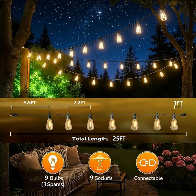 25FT Outdoor String Lights, Waterproof Patio Lights with Shatterproof ST38 Vintage Edison Bulbs, Connectable Outside Hanging Lights for Backyard, Porch, Deck, Balcony, Garden, 2500K Dimmable