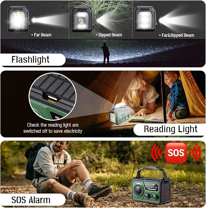 59200mWh Emergency Radio - 16000mAh Portable Solar Hand Crank NOAA/AM/FM Weather Radio with Battery Powered & USB Charger,SOS Alarm,Flashlight, Reading Lamp for Outdoor Camping,Storm,Survival Kits