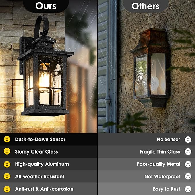 2-Pack Dusk to Dawn Outdoor Wall Light Fixtures, Aluminum Exterior Lighting Fixtures Wall Mount, Waterproof Porch Lights Outdoor Wall Sconces Lanterns, Black Outside Lights for House Front Door Garage