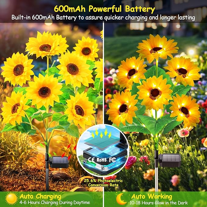 Solar Lights Outdoor Garden Decor, Upgraded 6 Pack with 36 Sunflowers, Auto On/Off Solar Flowers, Waterproof Garden Lights for Yard Patio, Gift for Mother