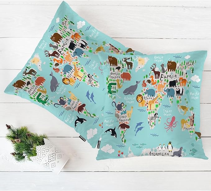 Swono World Map Throw Pillow Covers, Cartoon Forests Animal Map of The World Set of 2 Pillow Cases Decorative 18 X 18 Inches, Soft Cushion Cover Pillowcases for Bedroom, Living Room, Cushion Sofa