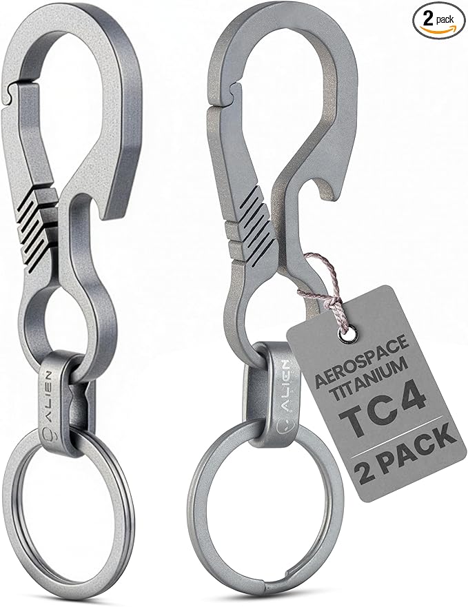 Titanium Carabiner Keychain Hook – Ultra-Light and Strong 2-Pack EDC Carabiner Clips – Aerospace Titanium Carabiner with Bottle Opener – No-Snag No-Hinge Single Body Design