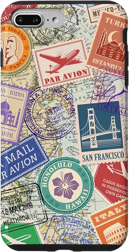 World Map Travel Passport Stamps Postage Stamp Case for iPhone 7 Plus/8 Plus