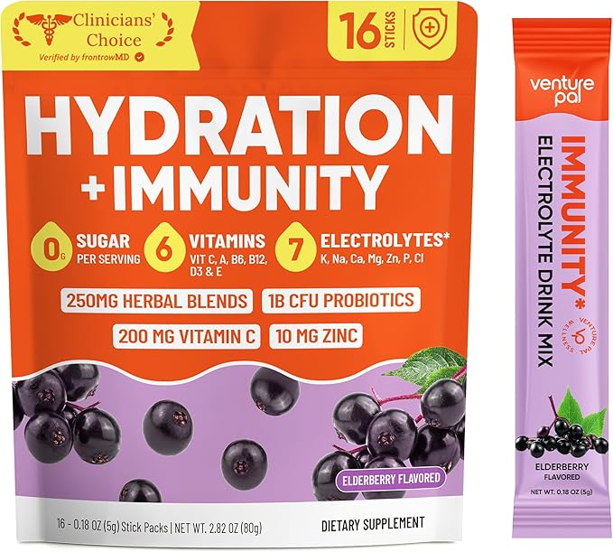 Venture Pal 2-in-1 Hydration + Immune Electrolytes Powder Packets with 7 Electrolytes & 6 Vitamins, Elderberry, Turmeric, Echinacea | Liquid Daily IV Drink Mix | Sugar Free | Keto Friendly, 16 Sticks