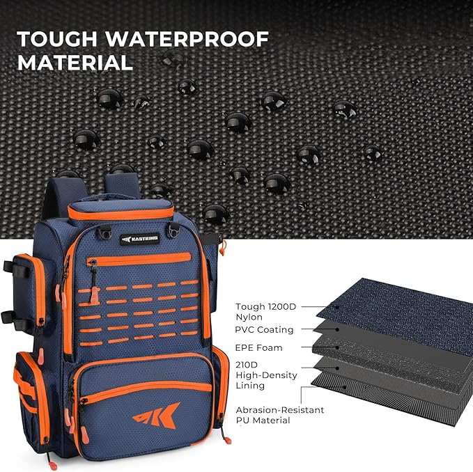 KastKing Bait Boss Fishing Tackle Backpack with Rod Holders-4 Tackle Boxes-Rain Cover,45/43L Large Storage for Fishing Gear