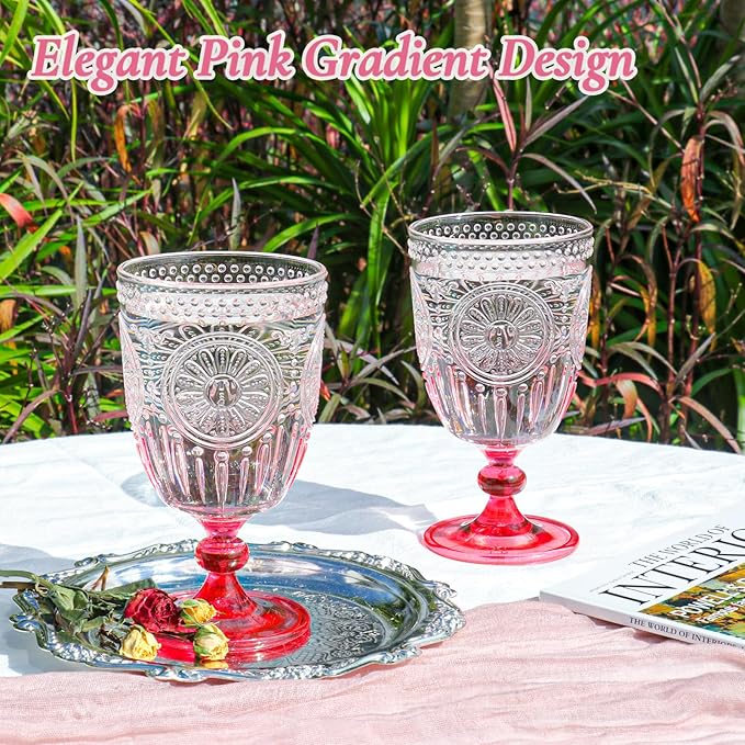 XUWAIDSGN 12Pcs Plastic Vintage Wine Glasses 13.5oz Reusable Embossed Goblet Glasses Pink Gradient Retro Wine Glassware Unbreakable Stemmed Champagne Water Cups for Wine Cocktail Juice Wedding