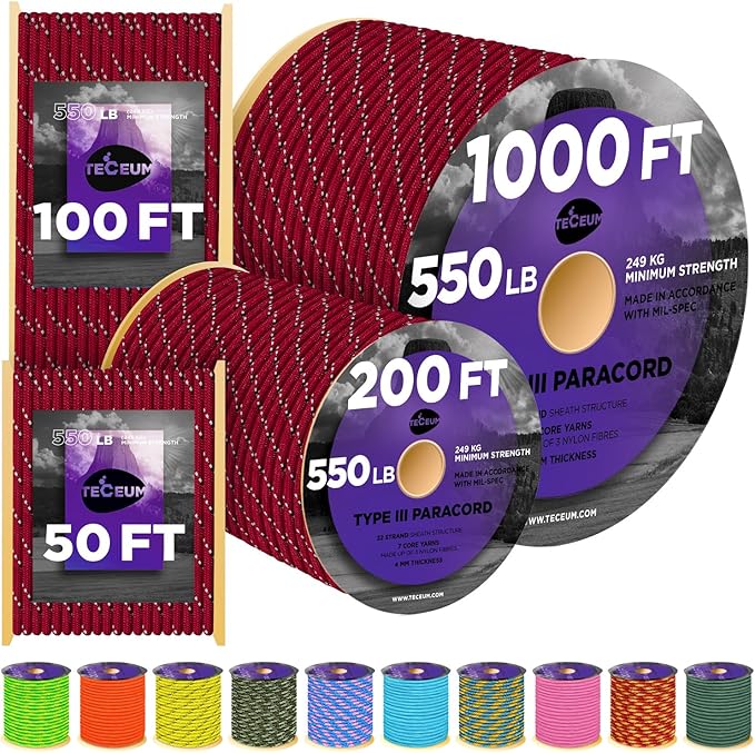 TECEUM 5/32" Paracord Rope 1000 – 1000ft / 200ft / 100ft / 50ft – Tactical Parachute Cord 4mm – 45+ Colors – Nylon String for Survival & Camping Gear – Stripe Cord for Survival – Utility Rope