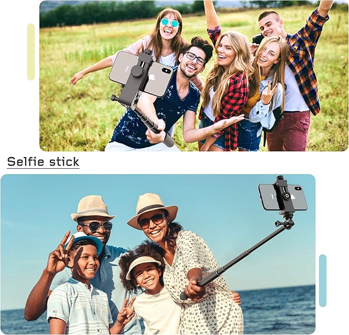 Universal Phone Tripod Mount Adapter with Ｗireless Camera Remote, Cell Phone Holder with Adjustable Clamp for Selfie Stick Monopod Compatible with iPhone, Samsung and so on -White