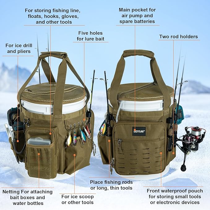 Goture Fishing Bucket Organizer for 5 Gallon Bucket, Heavy-Duty Waterproof Tackle Bag with 15+ Pockets, Ice Auger Holster & Secure Lock Straps for Ice Fishing Gear (Khaki, No Bucket)