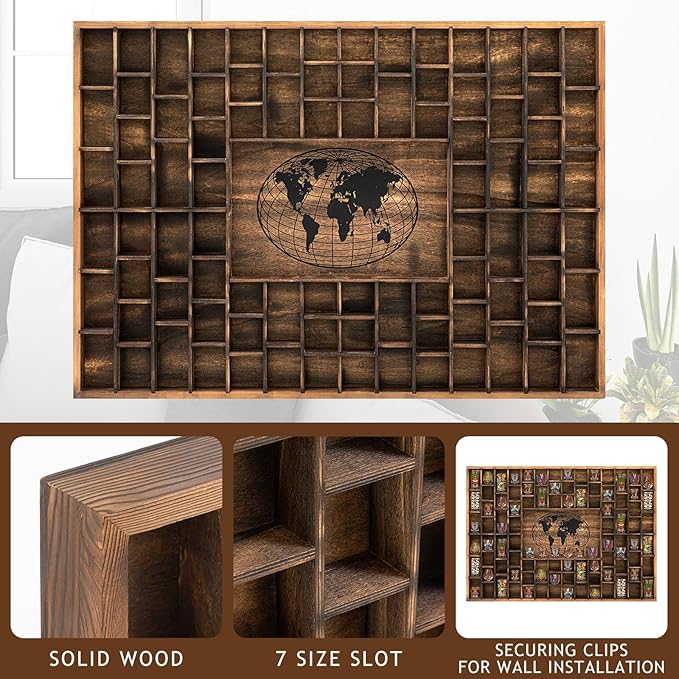 GlikCeil 88 Slots 48 x 34'' Jumbo World Map Shot Glass Display Case Rustic Wood Shot Glass Holder for Different Size Wineglass Bar Shelf Organizer Storage Cabinet Decor