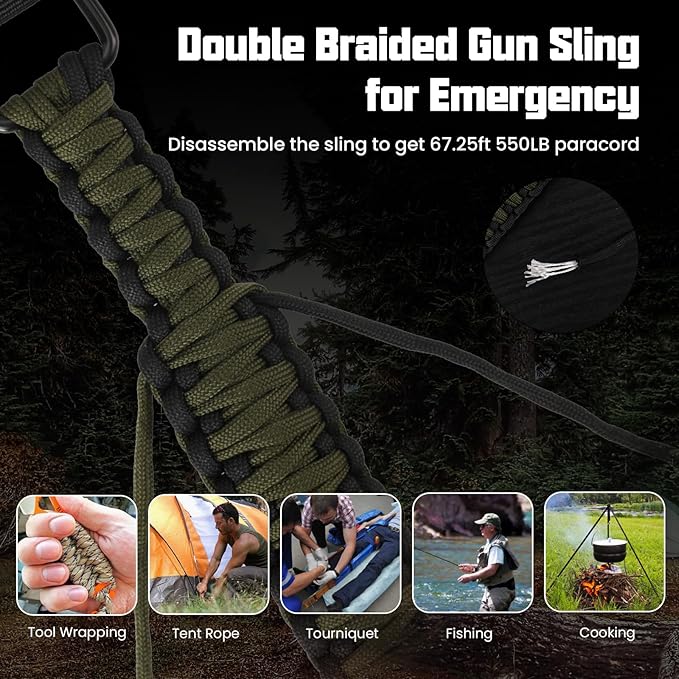 Double Braide 550LB Shotgun Sling 2 Point Paracord Rifle Sling,Non-Slip Traditional Adjustable Gun Sling for Hunting Shooting Camping