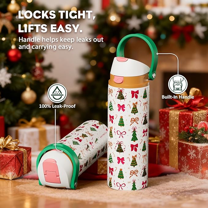POWCAN 24 oz Christmas Stainless Steel Water Bottle: 2-in-1 Push-Button Spout & Quick-Flip Straw, Leakproof, Fits in Car Cupholder, Insulated Water Bottle for Holiday Gift, Sports, Travel (Merry Bows)