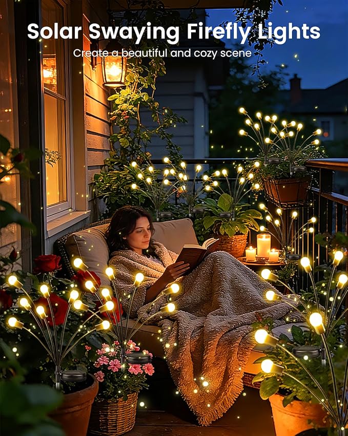 OZS 6 Pack Total 48 LED Solar Garden Lights Fairy Outdoor - Solar Firefly Lights Outdoor, Sway by Wind, Waterproof for Garden Patio Pathway Fairy Decoration (Warm White)