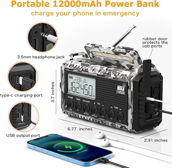 Eoxsmile Emergency Radio 12000mAh with NOAA Weather Alert | Solar, Hand Crank, Battery AM/FM/Shortwave with Type-C Charger, Flashlight, SOS for Hurricane, Camping, Outdoor Survival