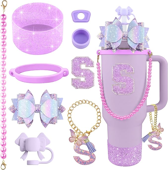 9PCS Purple for Stanley Cup Accessories Set Bling Initials Bow Charms for Stanley Decorations 30/40 Oz Tumbler Accessories Including Bow Straw Topper, Handle Strap, Spill Stopper（Letter S）