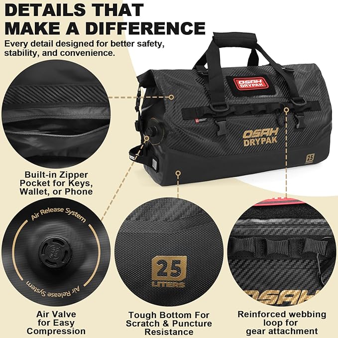OSAH DRYPAK Waterproof Duffel Bag 25L/40L/60L – Heavy-Duty Motorcycle Tail Bag, Roll-Top Dry Bag for Travel, Camping, Boating, Kayaking, Outdoor Adventure