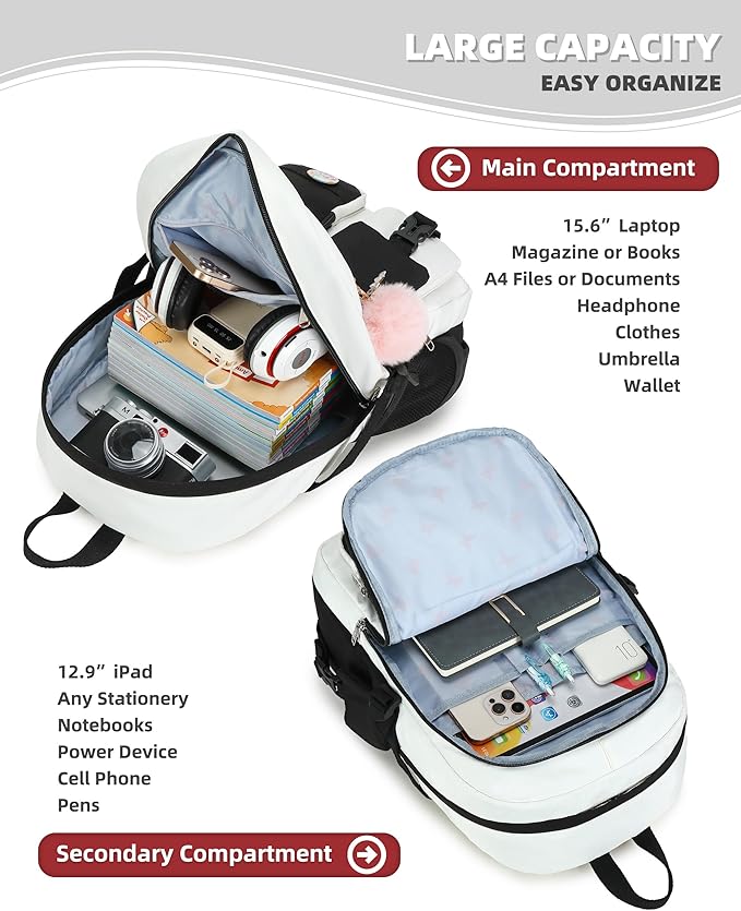 Hidds Laptop Backpacks 15.6 Inch School Bag Elementary Middle High College Backpack Cute Bookbags Anti Theft Travel Back Pack Casual Daypack Kids Book Bag for Teens Girls Women Students-Black Beige