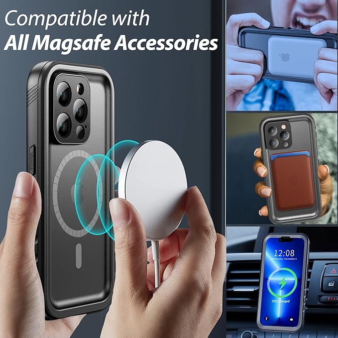 SPORTLINK for iPhone 13 Pro Case Waterproof - Buit in Screen Protector [Compatible with MagSafe][IP68 Underwater][6.6FT Military Dropproof][Dustproof] Full Body Shockproof Case 6.1" Black