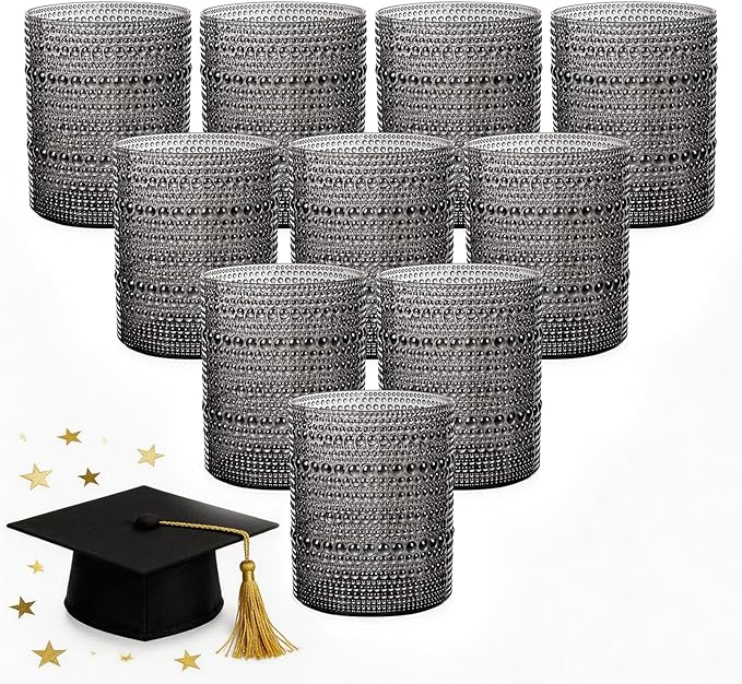 YOUBET 24PCS Plastic Drinking Glasses - 14OZ Black Hobnail Drinkware Glasses - Vintage Glassware Textured Beaded Cups for Water, Beer, Whiskey, Juice and Various Mixed Drinks for Party Graduation