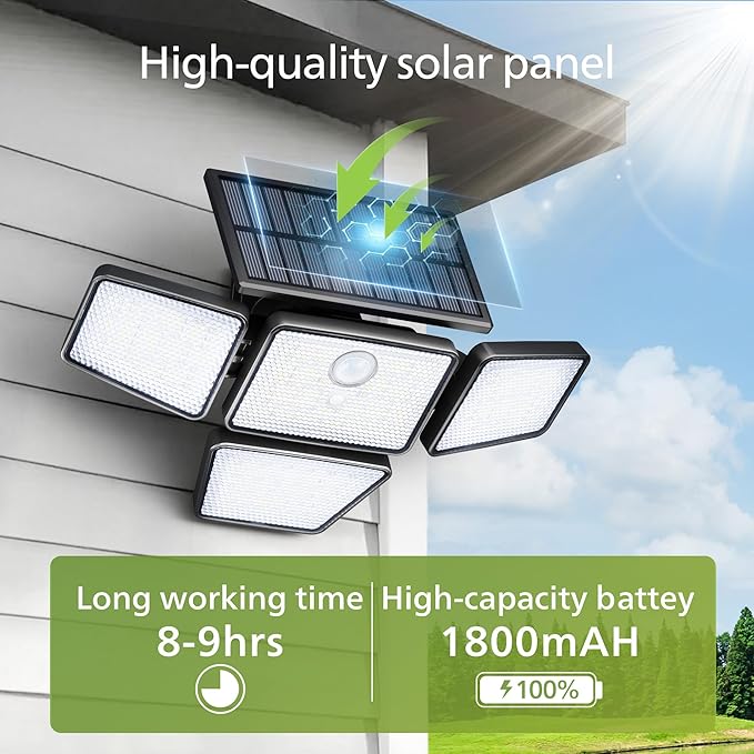 Philips Solar Security Light Outdoor, 196 LED Wall-Mounted Flood Light w/PIR Motion Sensor, 3 Modes, 4 Adjustable Heads Solar-Powered Floodlights with Remote Control, IP65 Waterproof