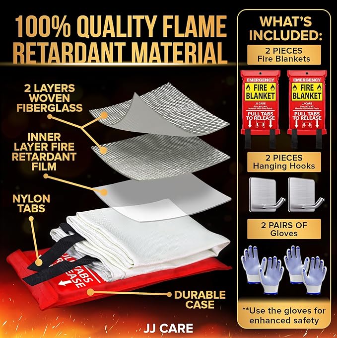 JJ CARE Fire Blanket - 40" x 40" [2 Packs with Hooks & Gloves] - Suppression Flame Retardant Emergency Fire Blanket for Camping, Grill, Kitchen, Home, Car, School, Office, Warehouse