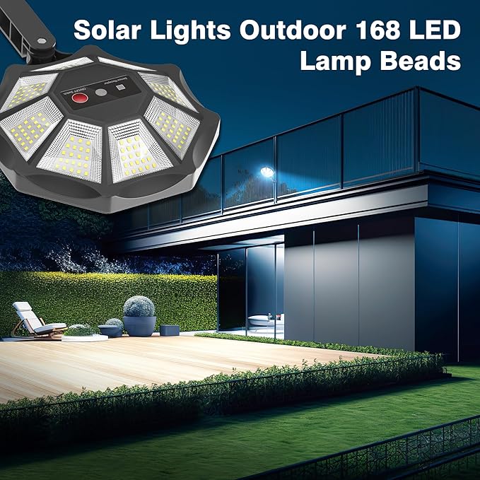 OKPRO Solar Lights Outdoor, 168LED 6500K Flood Light Dusk to Dawn, 8 Sides Solar Outdoor Lights with Motion Sensor, IP66 Waterproof Solar Street Lights Outdoor for Yard, Pools(2 Pack)