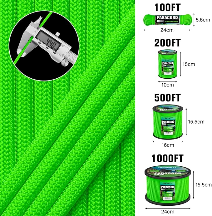 1200 Paracord Rope - 4.4mm 14 Strand Nylon Parachute Spool para Cord Lanyard for Outdoor Camping Survival Utility Tent Crafting DIY Projects Fishing Clothsline Bracelet - Neongreen 200FT