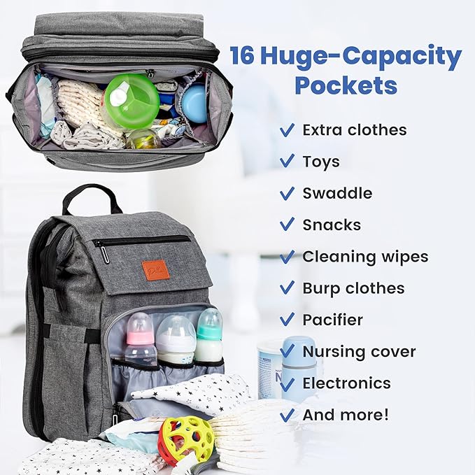 PILLANI Baby Diaper Bag Backpack - Baby Bags for Girls & Boys, Large Waterproof Diaper Backpack - Baby Shower Gifts & Registry Must Haves - Travel Diaper Bags with Changing Pad - Stuff for Newborn