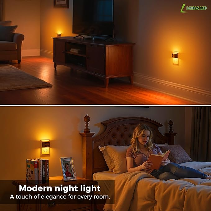 L LOHAS LED Night Light with Motion Sensor & Dusk to Dawn Sensor, Night Lights Plug into Wall with 30-100lm Adjustable Brightness, Dimmable Night Light for Bathroom Hallway, 1600K Amber, 2 Pack