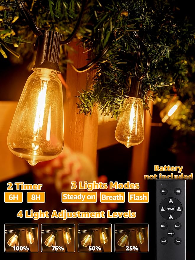 Guhope Outdoor String Lights Dimmable with Remote, 100 FT Outdoor Lights with 2 Timer and 3 Mode, Waterproof & Shatterproof Patio Lights, 2200K Energy Saving String Lights 3 Spare Bulbs for Patio Yard