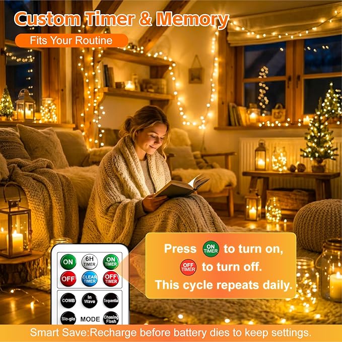 6 Pack Rechargeable Fairy Lights with Remote & DIY Timer, 7ft 20LED Dimmable Silver Wire String Light for Mason Jar, Mini Twinkle Lights for Indoor Christmas Bedroom Wedding Decor, Warm White
