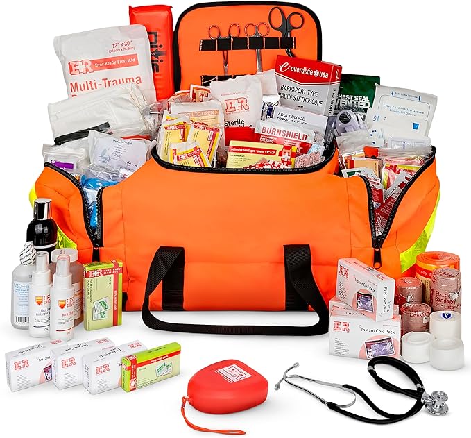 Large EMT Trauma Bag – Fully Stocked First Aid Kit with Tourniquet, Gauze, CPR Mask, Trauma Shears & Emergency Medical Supplies – Orange