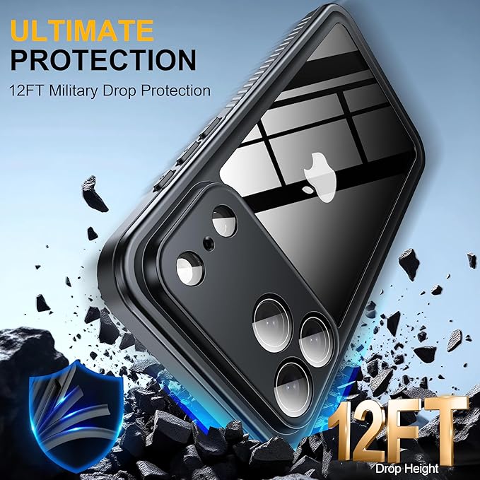ANTSHARE for iPhone 17 Pro Max Case, IP68 Waterproof Shockproof Case, [Built-in Screen Protector] - 12 FT Military Dropproof - Full Body Heavy Duty Rugged Phone Cover 6.9 inches - Black/Clear