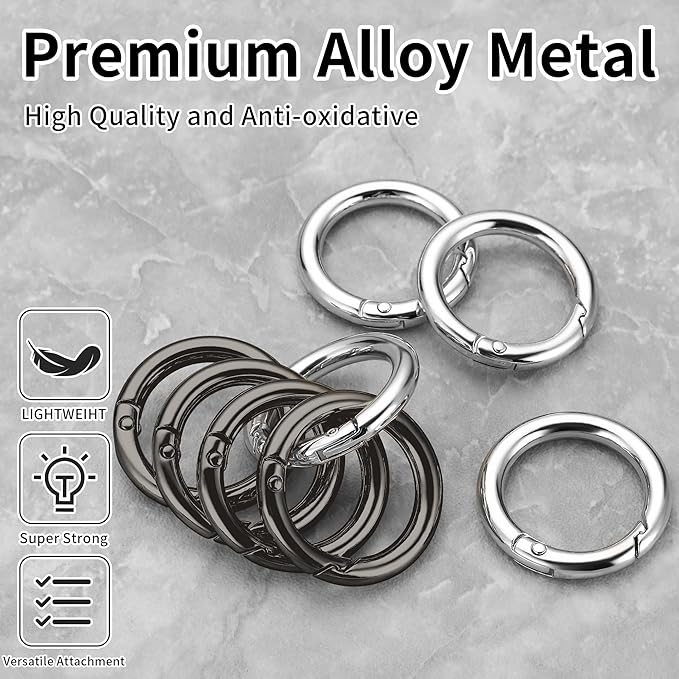 Gkeygo Key Ring Clip, 1 Inch Keychain Rings, 8 Pack Round Carabiner Clip for Keys, Buckle, Bags, Purses - Key Chain Hooks Replacement Keychains Lanyard DIY Crafts - Black, Silver