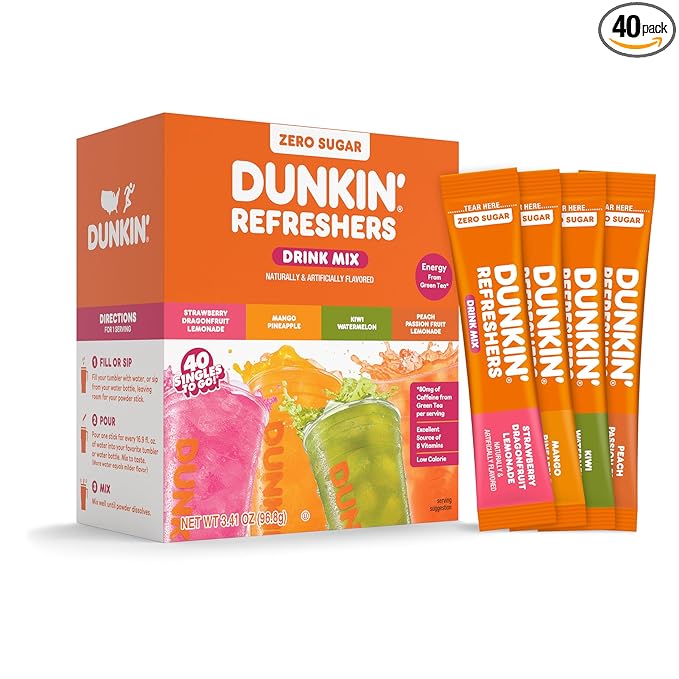 Dunkin’ Refreshers Singles To Go! Powdered Drink Mix, 40 Ct Variety Pack, 40 Single-Serve Packets, Energy from Green Tea, Aspartame-Free, No Synthetic Colors, Naturally and Artificially Flavored, Just Add Water