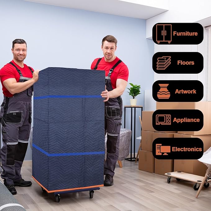 2 Moving Blankets 72x80in with 1 Elastic Rubber Band (196in Extendable to 400in) – Durable Quilted Moving Blanket-Heavy Duty Shipping Blankets (Total Weight 8.8 lbs,Black/Blue)