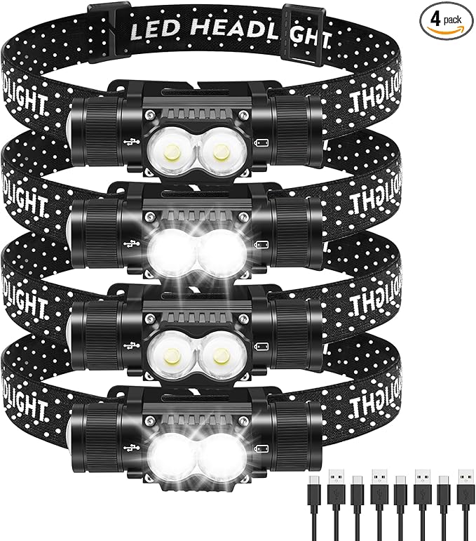 Headlamp Rechargeable 4 Pack, 1200 Lumen LED Head Lamp with 4 Light Modes, IPX6 Waterproof Super Bright High Lumen Headlamps, Adjustable Headstrap Headlights for Running, Camping, Outdoor