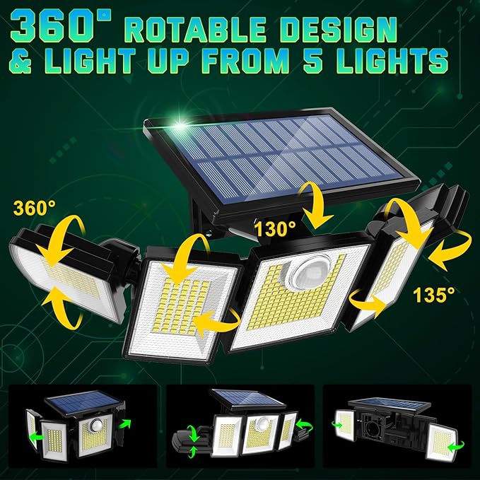 MDCMDCM Solar Lights Outdoor Waterproof Motion Sensor - 416 LEDs 3000 Lumens Super Bright 3 Brightness 3 Modes 2400mAh 360° Illumination 32ft Solar Flood Security Light for Outside (with Stakes, 1)