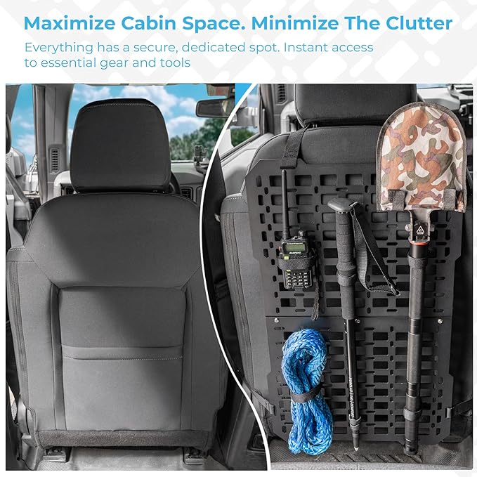 Tactical Rigid MOLLE Panel - Seat Back Organizer for Trucks, SUVs & Cars, Heavy-Duty Aluminum Alloy Metal MOLLE Mount Universal Tactical Seat Organizer for Overlanding Gear Storage