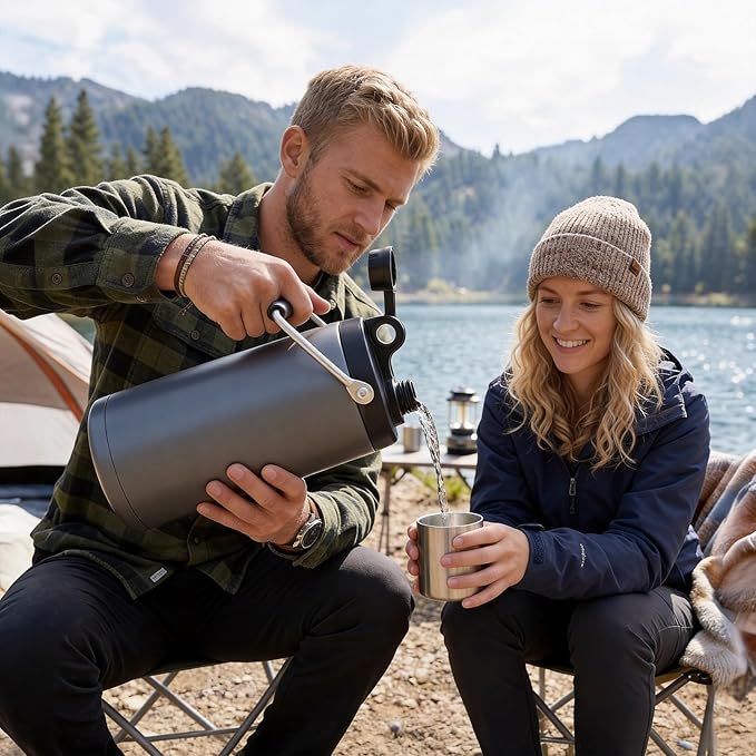 Kerilyn Insulated Half Gallon Jug with Handle, 64oz Stainless Steel, Large Double Vacuum Water Bottle for Hot & Cold Drinks, Wide Mouth, Sweat Proof, Great for Travel, Camping, Grey