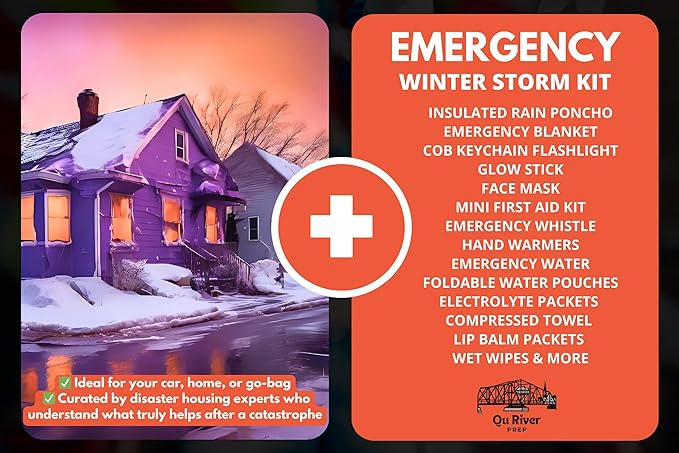 Emergency Kit - Winter Storm & Ice Storm Survival Kit, Power Outage Preparedness with 15 Essential Items, COB Light, Rain Poncho, Blanket, Emergency Water & First Aid