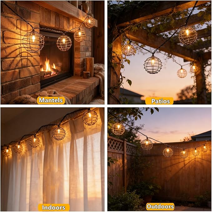 Decorative String Lights Indoor Outdoor, Patio Lantern Style String Lights with 10 Warm White Mini Bulbs, UL Listed Connectable Weatherproof Plug In Lights for Home Decoration(Iron Wire Twist Ball)
