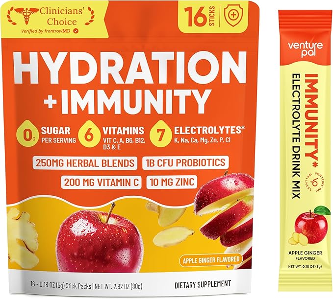 Venture Pal 2-in-1 Hydration + Immune Electrolytes Powder Packets with 7 Electrolytes & 6 Vitamins, Elderberry, Turmeric, Echinacea | Liquid Daily IV Drink Mix | Sugar Free | Keto Friendly, 16 Sticks