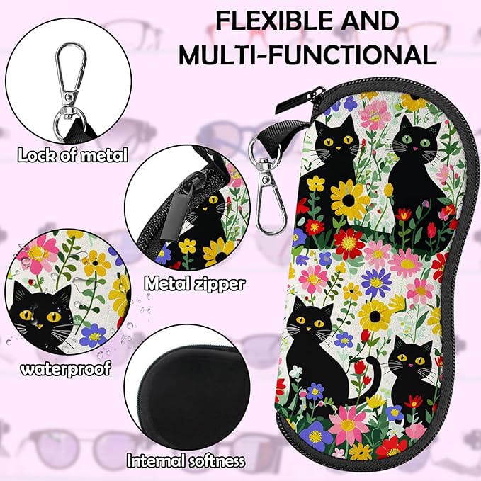 Glasses Case Sunglasses Eyeglass Soft Case Zipper Light Neoprene Pouch with Metal Belt Clip Aesthetic Cute Women Men