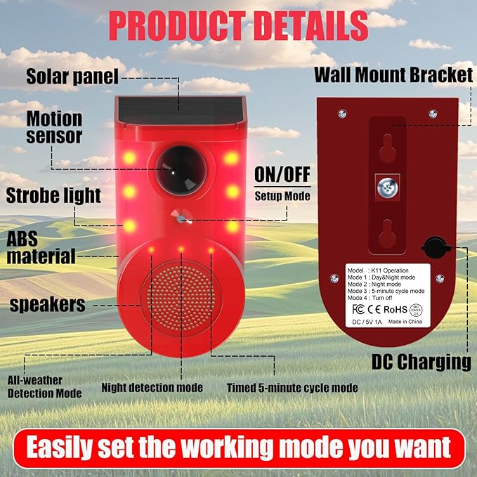Solar Motion Sensor Alarm Device - Waterproof, Multi-Mode, Wide-Angle Sensing, 110dB Alarm & Strobe Lights for Indoor & Outdoor Security 6Pack