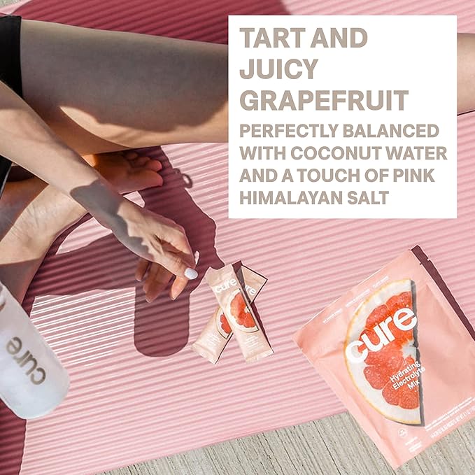 Cure Hydration Plant-Based Electrolyte Drink Mix | No Added Sugar | Dehydration Relief | Coconut Water Powder | FSA-HSA Eligible | Non-GMO, Vegan | 8 Packets – Grapefruit